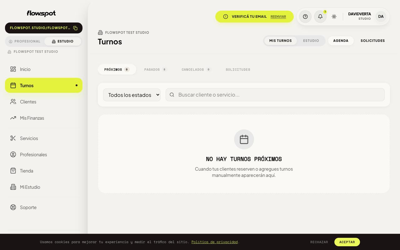 Agenda del estudio con el botón de nuevo turno