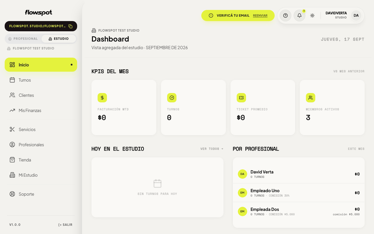 Dashboard del estudio en Flowspot
